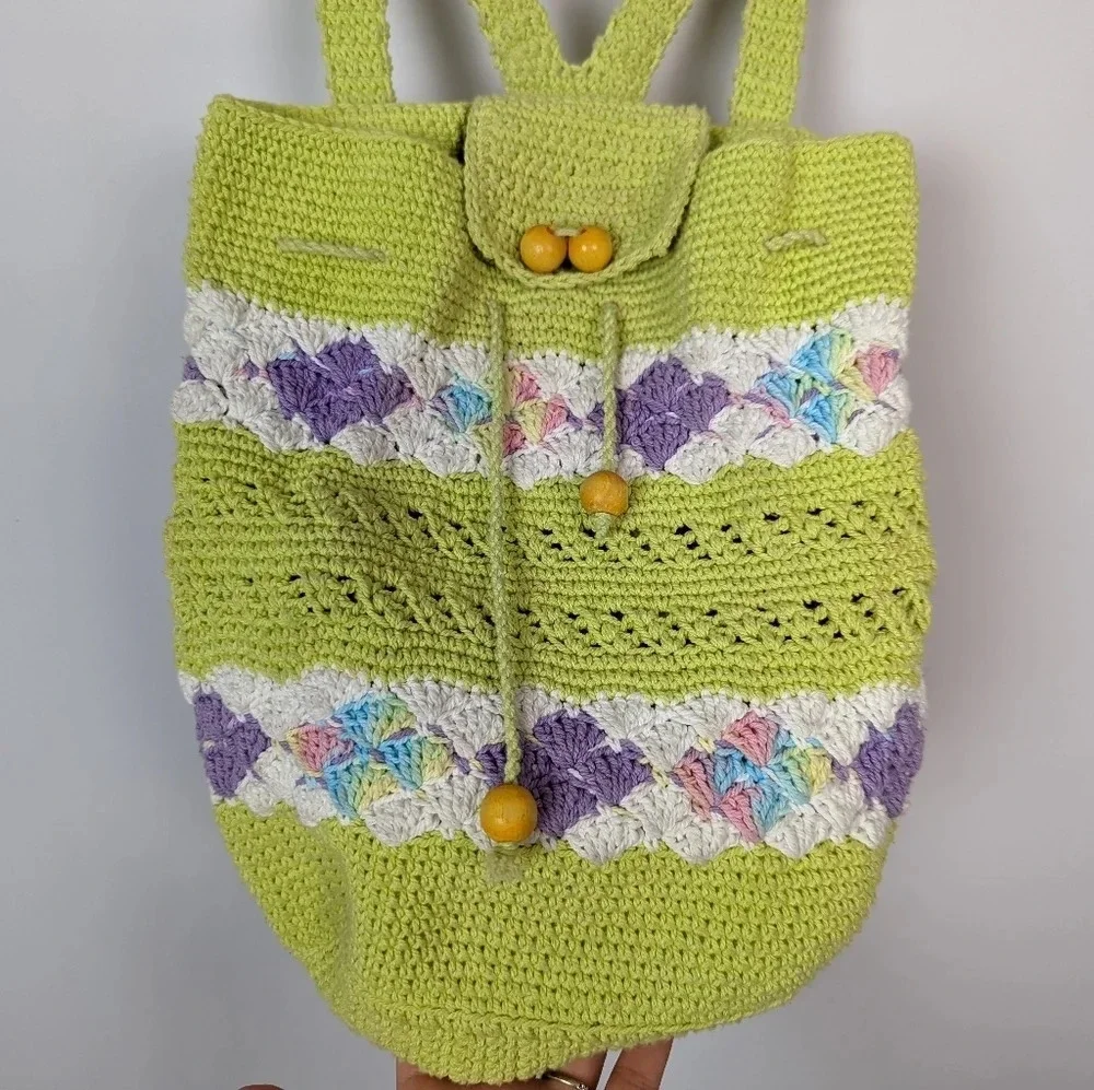 Handmade Crochet Knit Mini Backpack Bag Colorful Floral Bohemian Hippie 70s - Picture 3 of 11